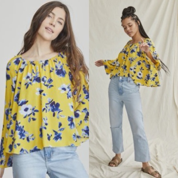 Elizabeth and James Yellow Floral Off-Shoulder Blouse | Medium Bell Sleeve Top - Picture 1 of 15